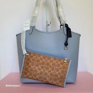 COACH Polished Pebbled Leather Day Tote with Interior Pouch – Grey Blue color⭐